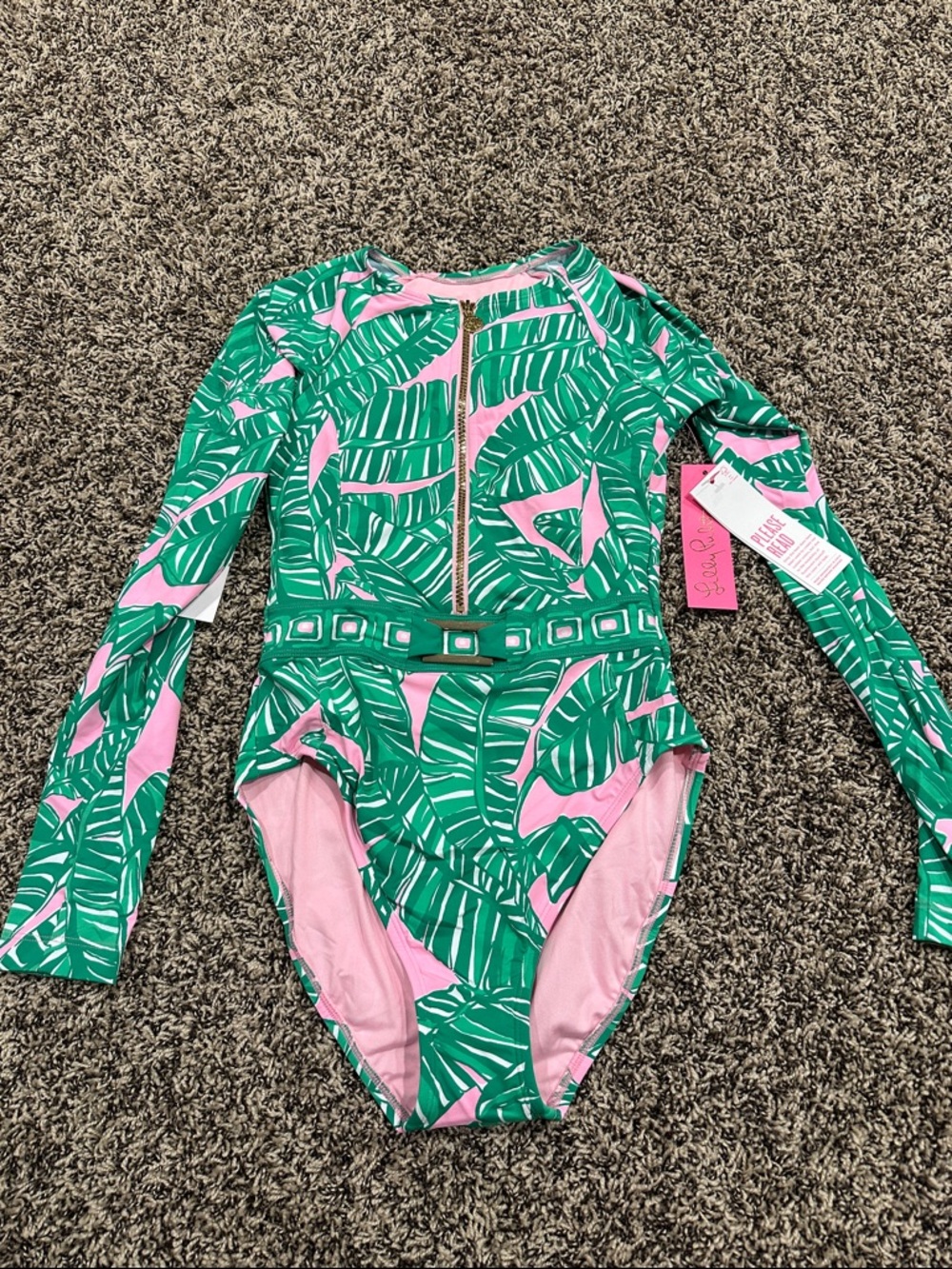 Lilly Pulitzer Green & Pink Tropical Leaf Long-Sleeve Swim One-Piece